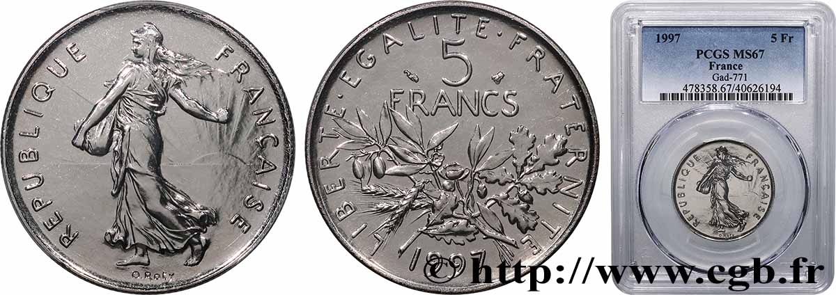 5 francs Semeuse, nickel, BU (Brillant Universel) 1997 Pessac F.341/33 MS67 PCGS