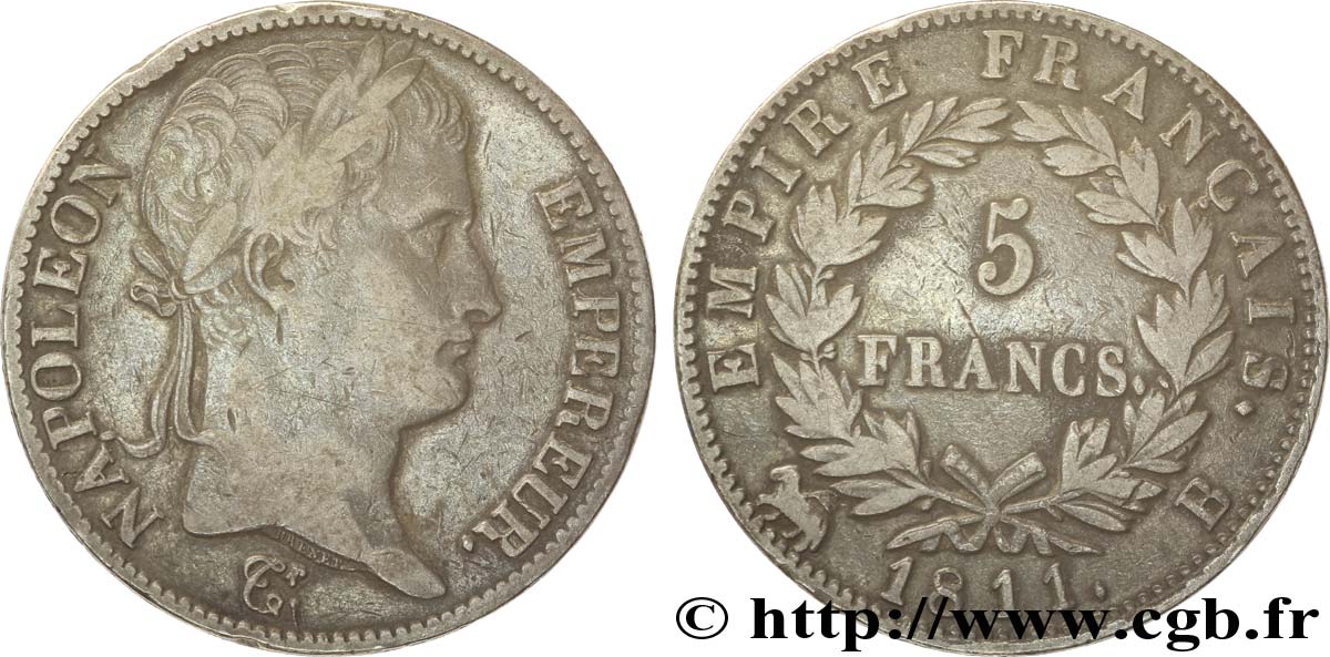 5 francs Napoléon Empereur, Empire français 1811 Rouen F.307/28 TB30 