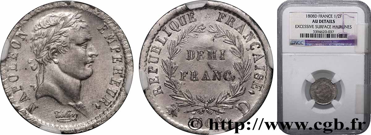 Demi-franc Napoléon Ier tête laurée, République française 1808 Lyon F.177/5 TTB+ NGC