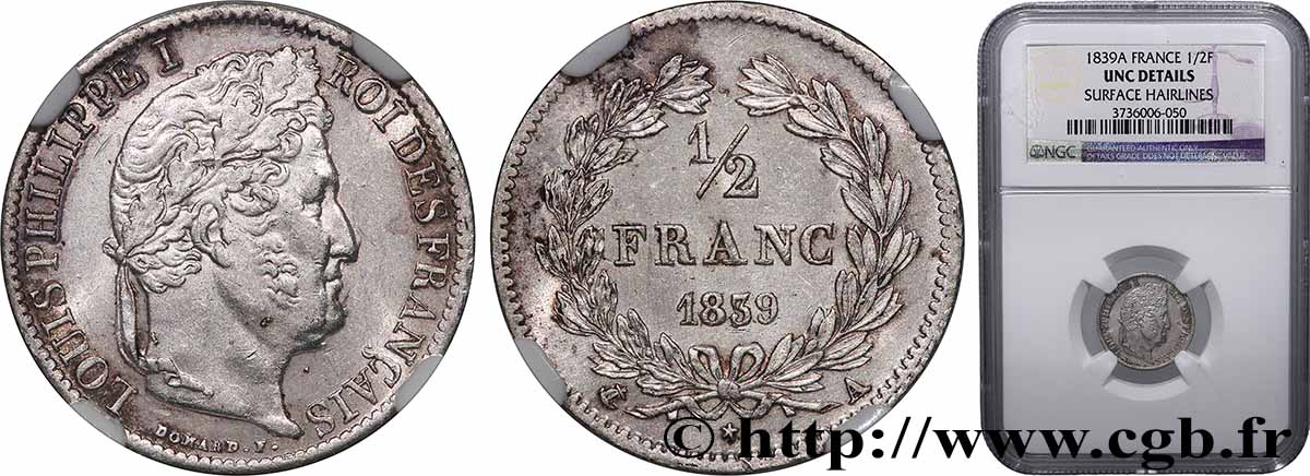 1/2 franc Louis-Philippe 1839 Paris F.182/78 MS NGC