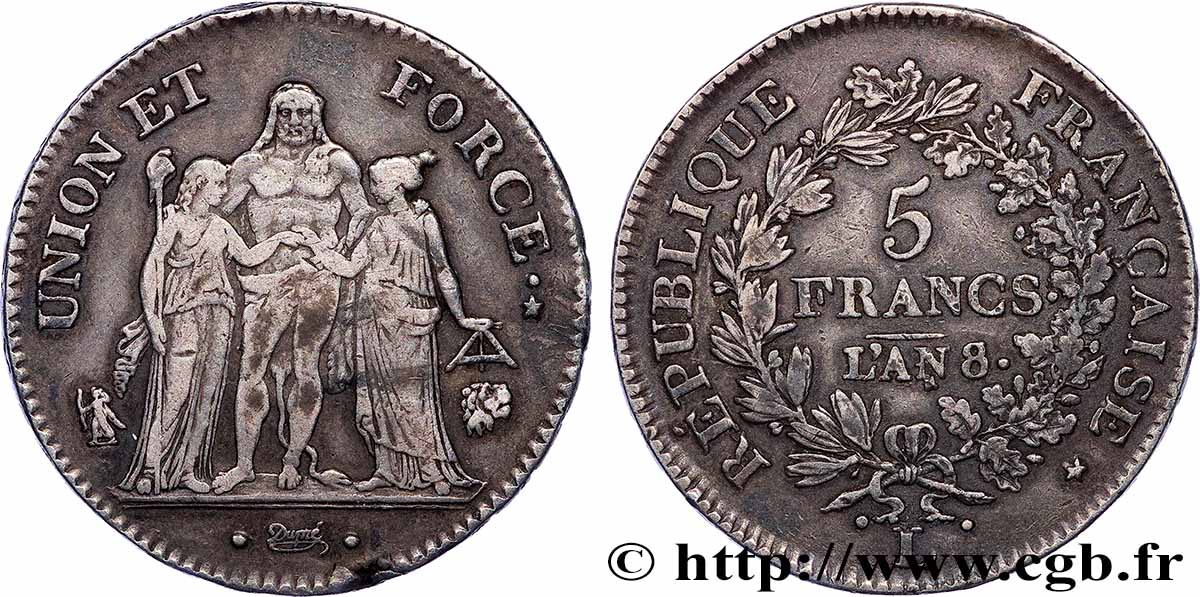 5 francs Union et Force, Union serré, avec glands intérieurs et gland extérieur 1800 Bayonne F.288/145 TTB 