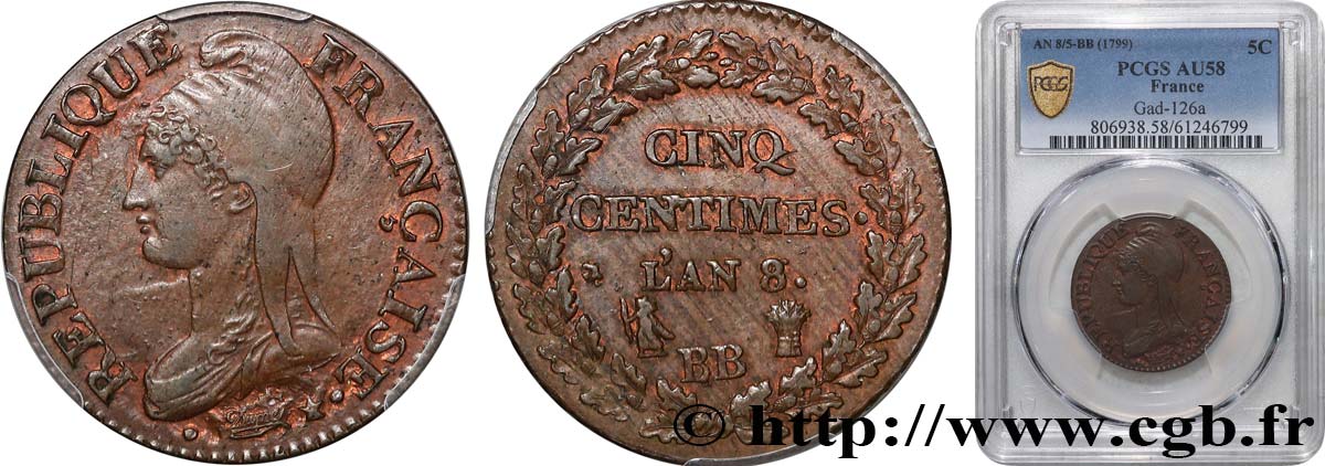 Cinq centimes Dupré, grand module 1800 Strasbourg F.115/118 AU58 PCGS