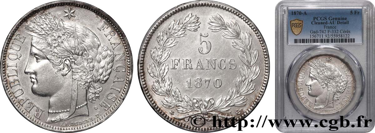 5 francs Cérès, sans légende 1870 Paris F.332/1 AU PCGS