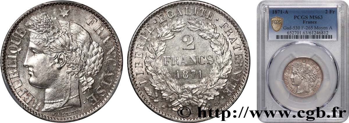 2 francs Cérès, avec légende 1871 Paris F.265/4 SPL63 PCGS