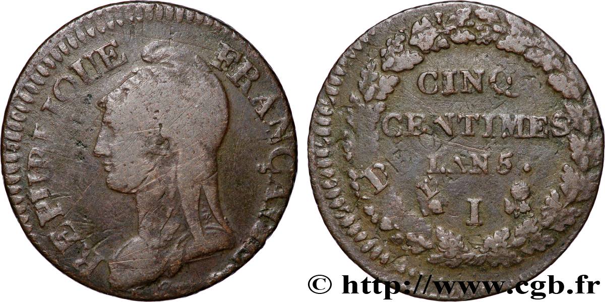 Cinq centimes Dupré, grand module, &nbsp;refrappage&nbsp; du décime 1797 Limoges F.114/8 TB 