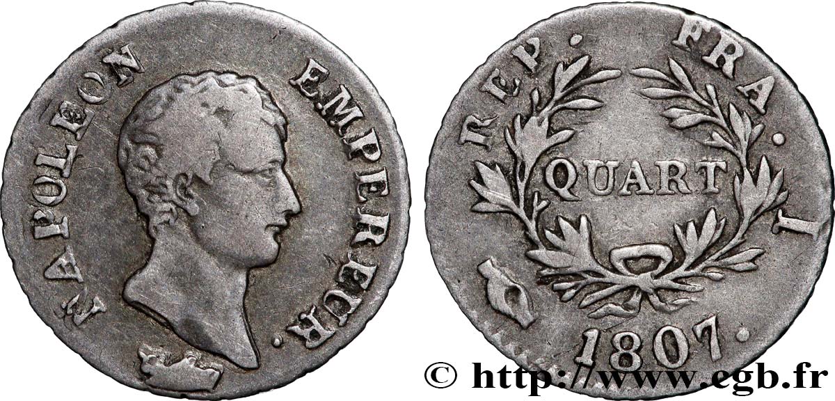 Quart (de franc) Napoléon Empereur, Calendrier grégorien 1807 Limoges F.159/6 VF 