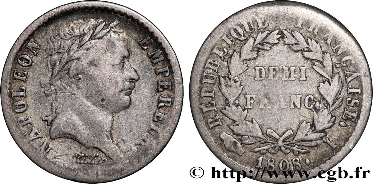 Demi-franc Napoléon Ier tête laurée, République française 1808 Limoges F.177/8 TB 
