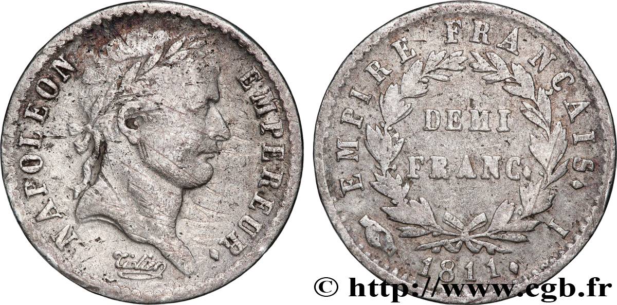 Demi-franc Napoléon Ier tête laurée, Empire français 1811 Limoges F.178/26 F 