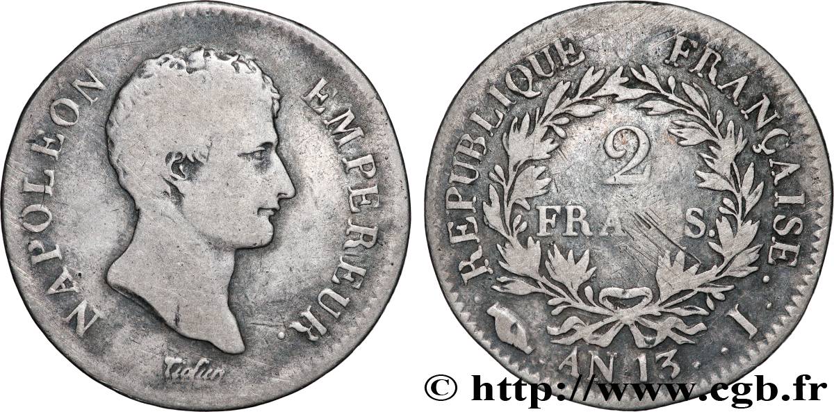 2 francs Napoléon Empereur, Calendrier révolutionnaire 1805 Limoges F.251/18 TB 