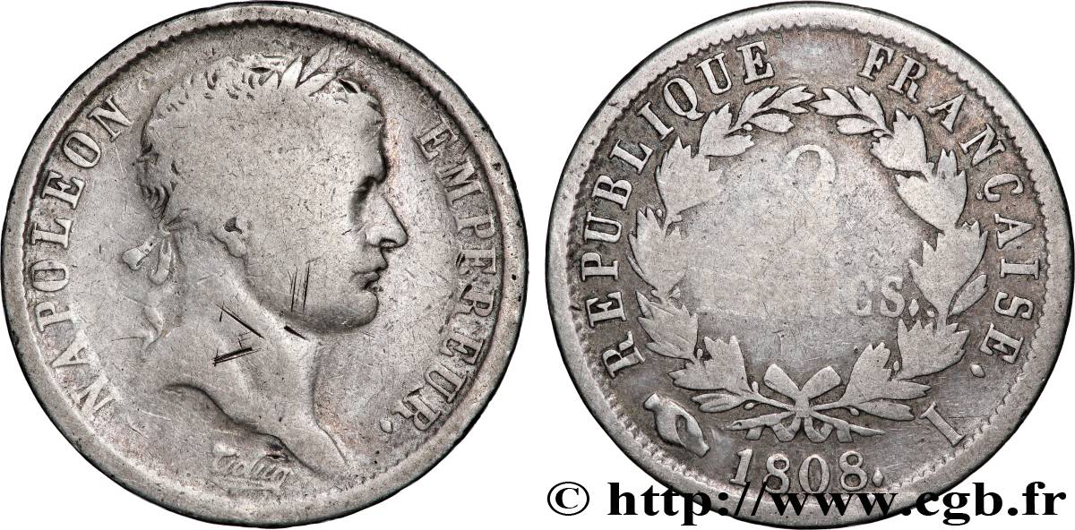 2 francs Napoléon Ier tête laurée, République française 1808 Limoges F.254/6 B 