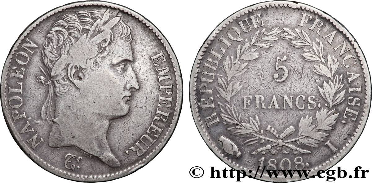5 francs Napoléon Empereur, République française 1808 Limoges F.306/7 TB 