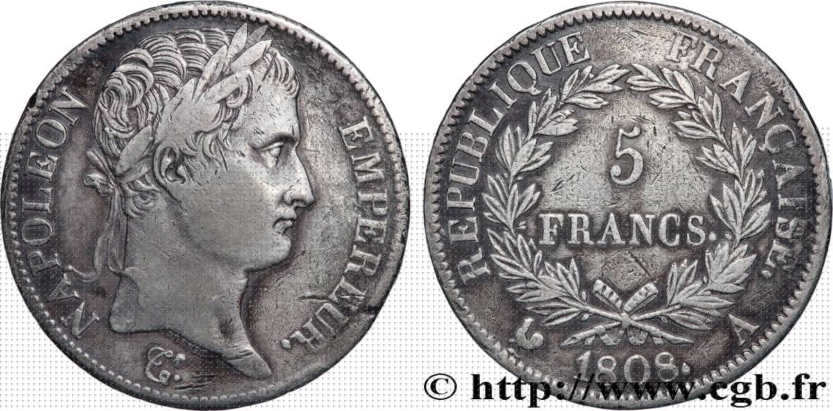 5 francs Napoléon Empereur, République française 1808 Paris F.306/2 TB+ 