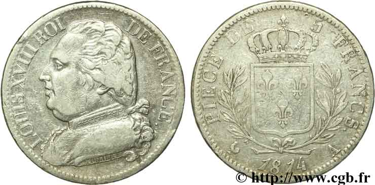5 francs Louis XVIII, buste habillé 1814 Paris F.308/1 TTB40 