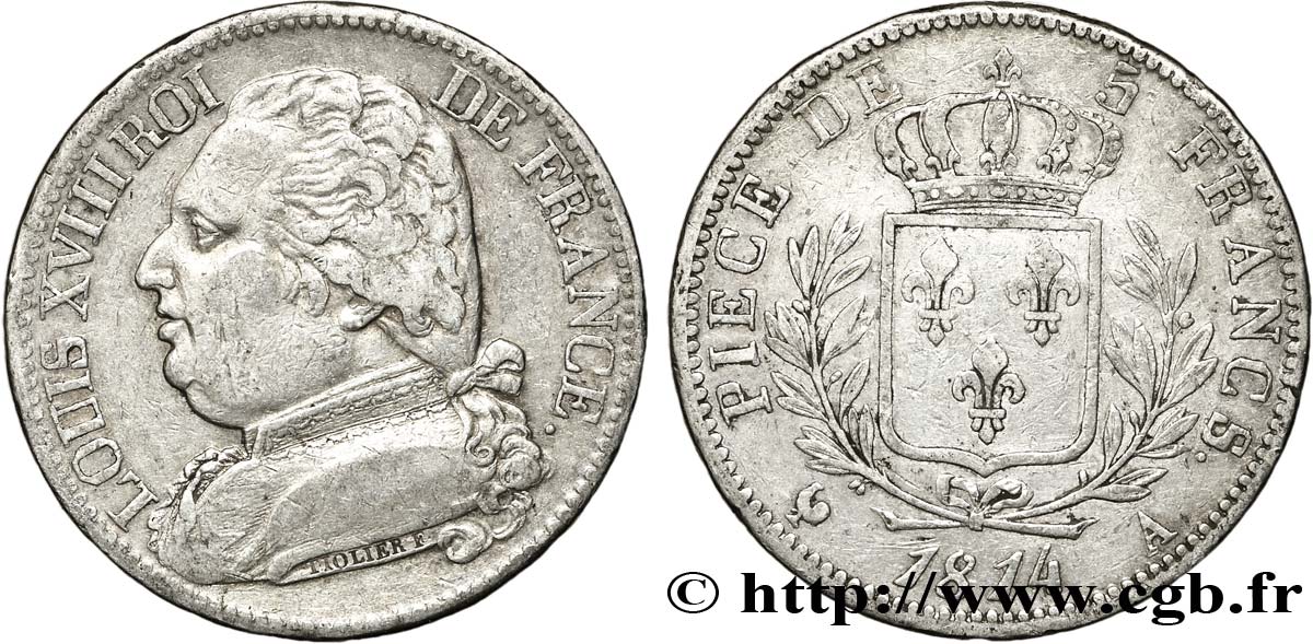 5 francs Louis XVIII, buste habillé 1814 Paris F.308/1 TTB45 