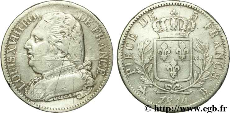 5 francs Louis XVIII, buste habillé 1814 Rouen F.308/2 VF30 