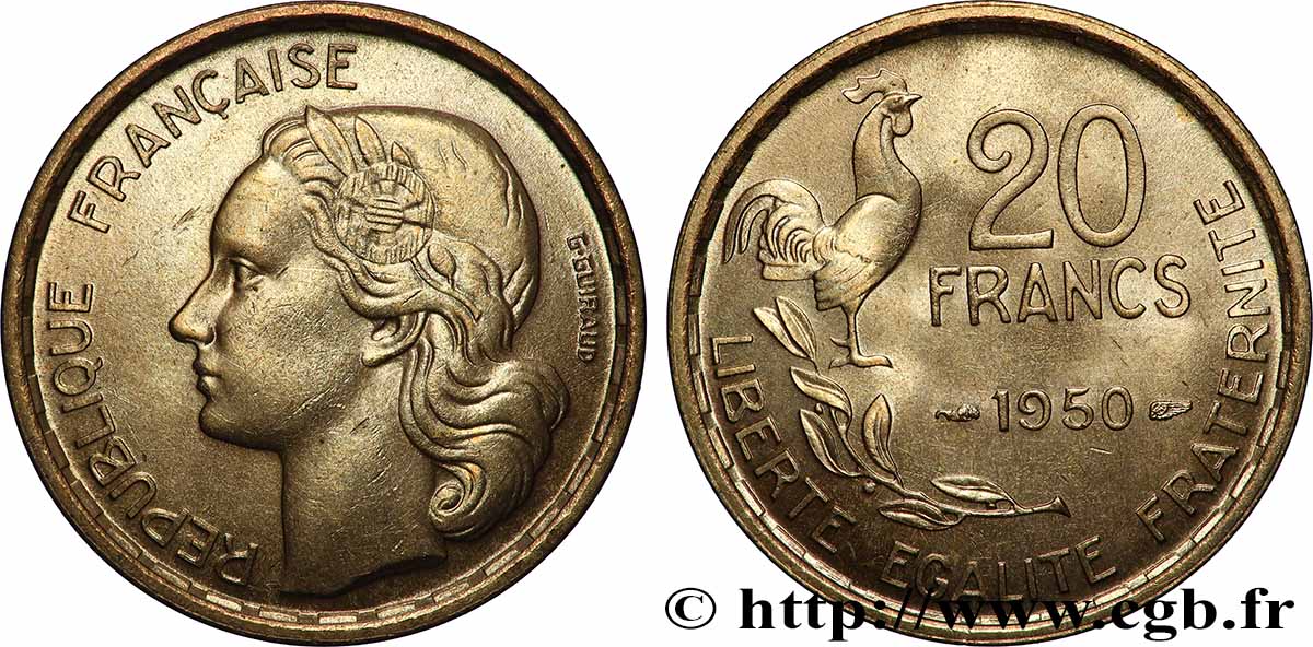20 francs G. Guiraud, 4 faucilles 1950  F.402/3 MS63 