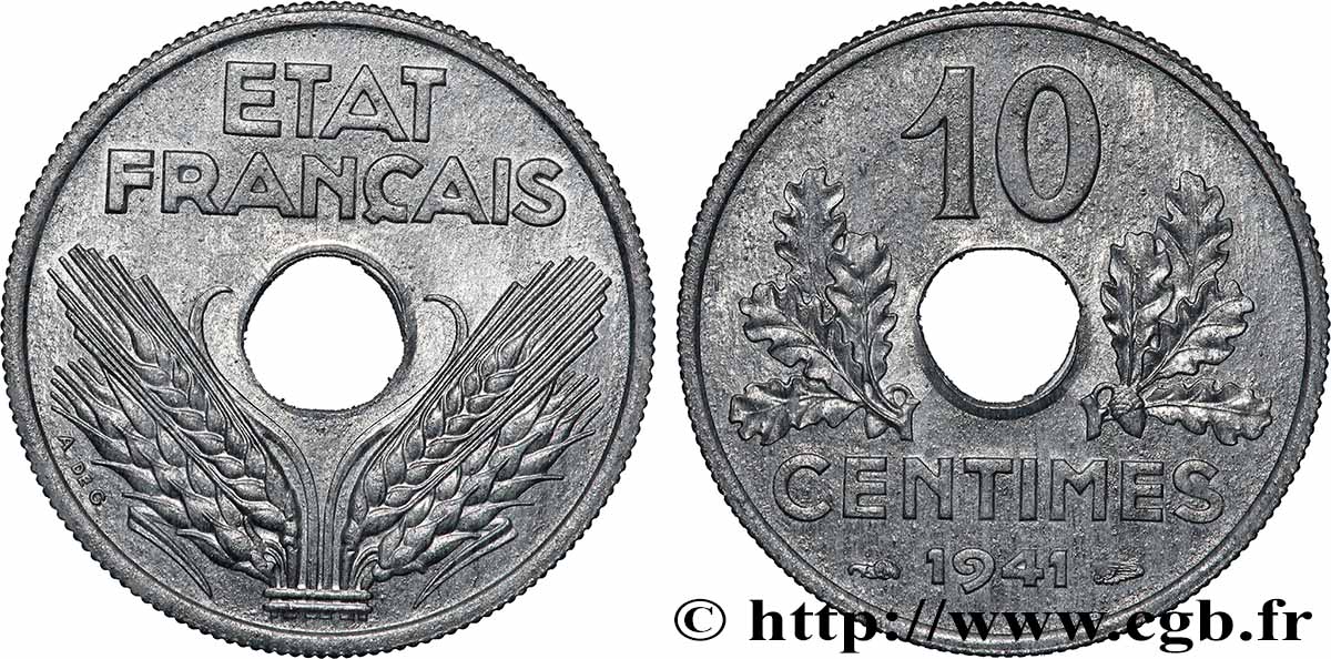 10 centimes État français, grand module 1941 Paris F.141/2 MS65 