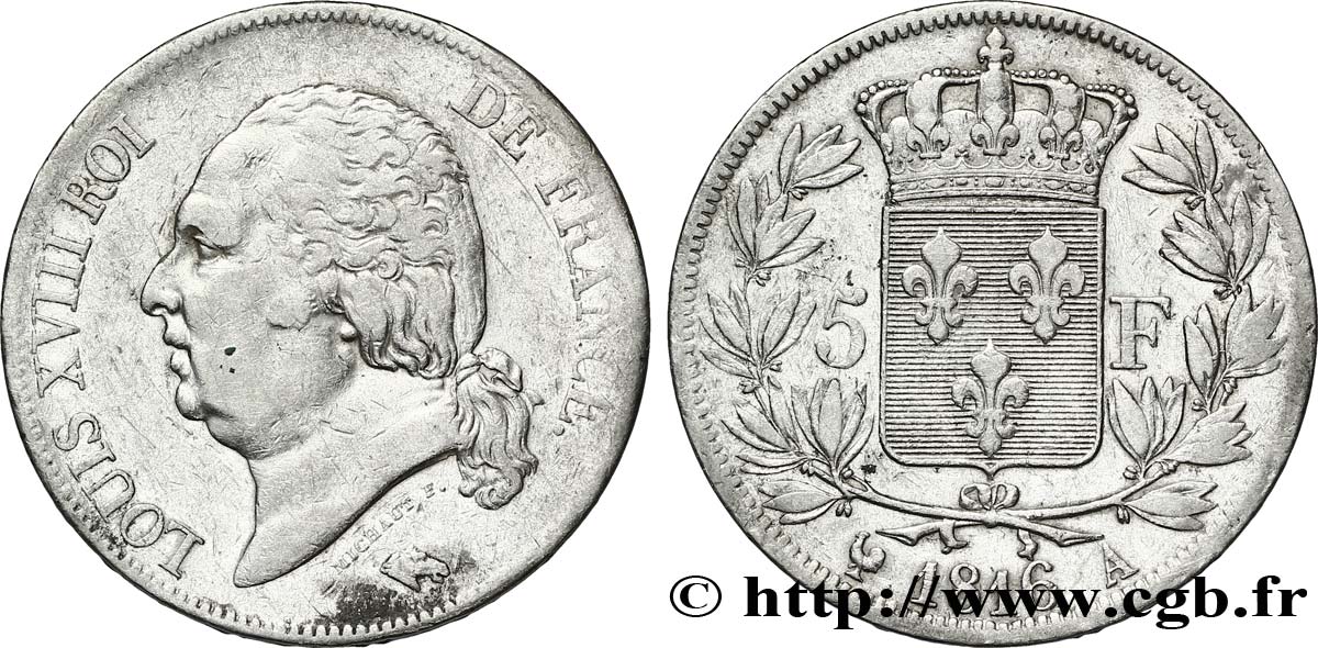 5 francs Louis XVIII, tête nue 1816 Paris F.309/1 TTB40 