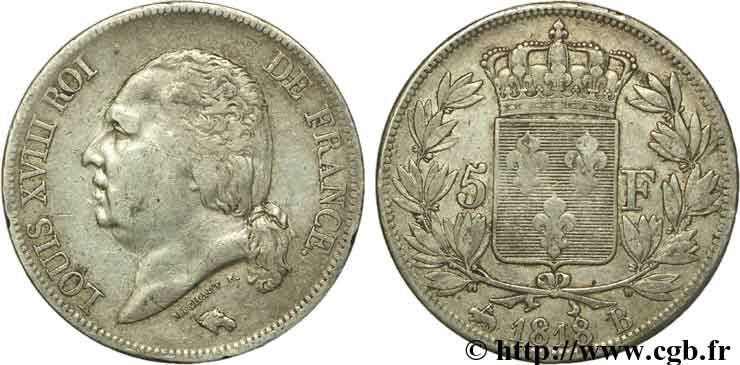 5 francs Louis XVIII, tête nue 1818 Rouen F.309/29 TTB40 