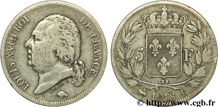 5 francs Louis XVIII, tête nue 1818 Rouen F.309/29 TTB40 