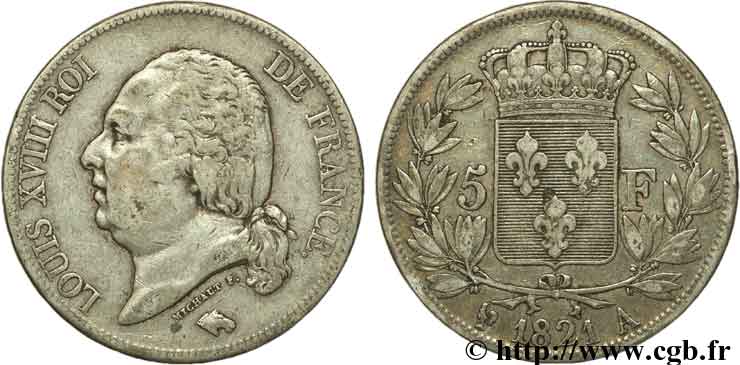 5 francs Louis XVIII, tête nue 1821 Paris F.309/60 TTB40 