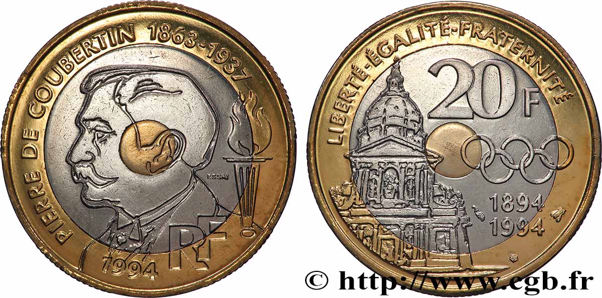 Essai de 20 francs Pierre de Coubertin 1994 Pessac F.405/1 MS 