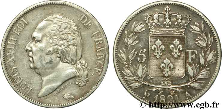 5 francs Louis XVIII, tête nue 1821 Paris F.309/60 TTB48 