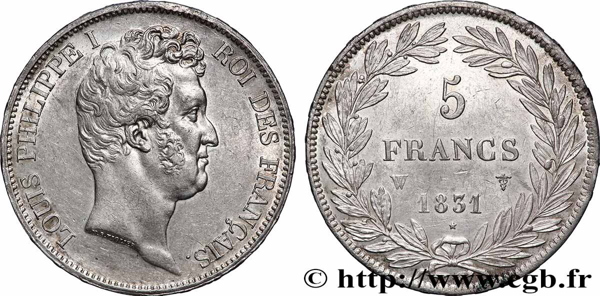 5 francs type Tiolier avec le I, tranche en relief 1831 Lille F.316/4 SUP+ 
