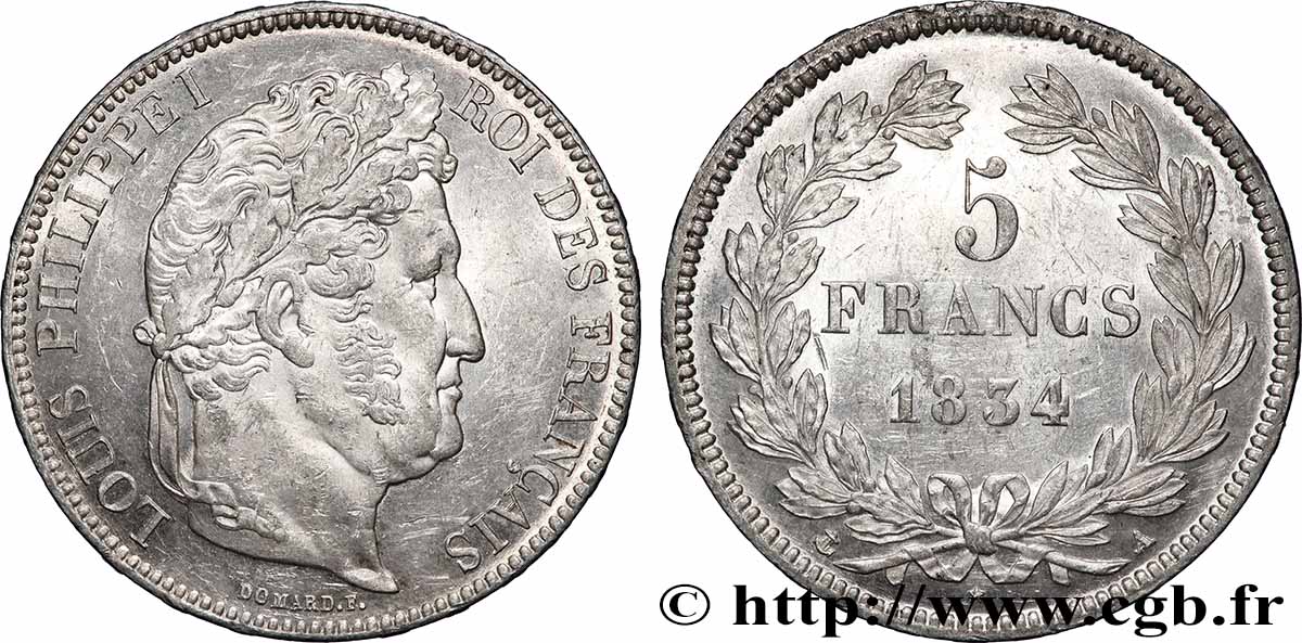 5 francs IIe type Domard 1834 Paris F.324/29 SUP 