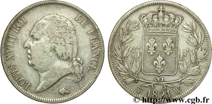 5 francs Louis XVIII, tête nue 1821 Lille F.309/67 VF35 