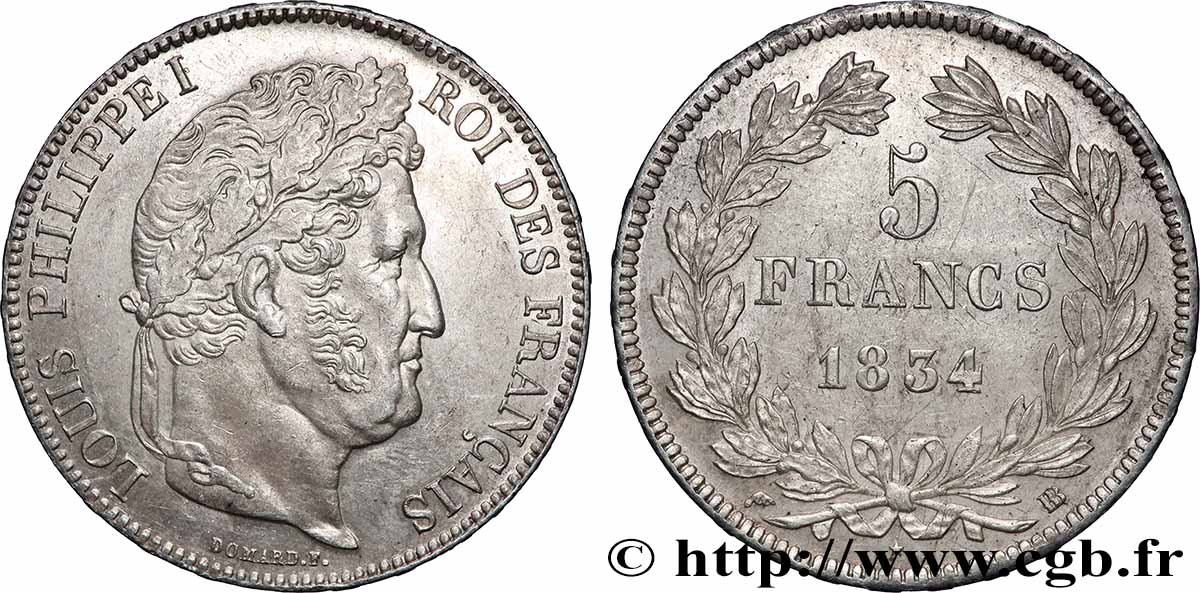5 francs IIe type Domard 1834 Strasbourg F.324/31 SUP 