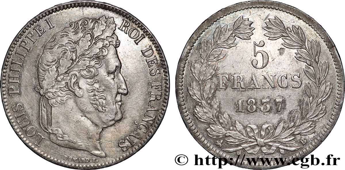 5 francs IIe type Domard 1837 Rouen F.324/62 TTB+ 