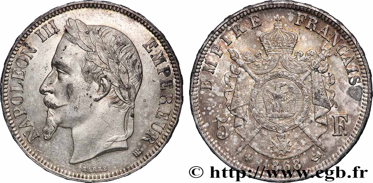 5 francs Napoléon III, tête laurée 1868 Strasbourg F.331/13 SUP 