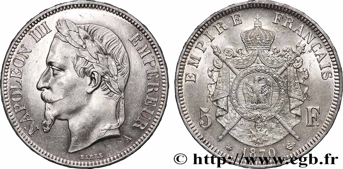 5 francs Napoléon III, tête laurée 1870 Paris F.331/16 SUP 