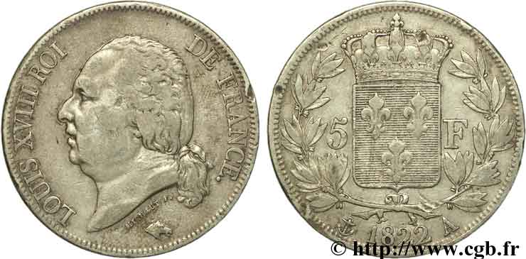 5 francs Louis XVIII, tête nue 1822 Paris F.309/68 S25 