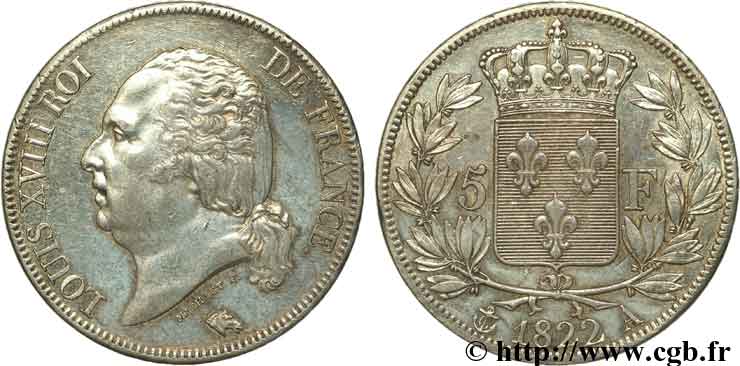 5 francs Louis XVIII, tête nue 1822 Paris F.309/68 AU52 