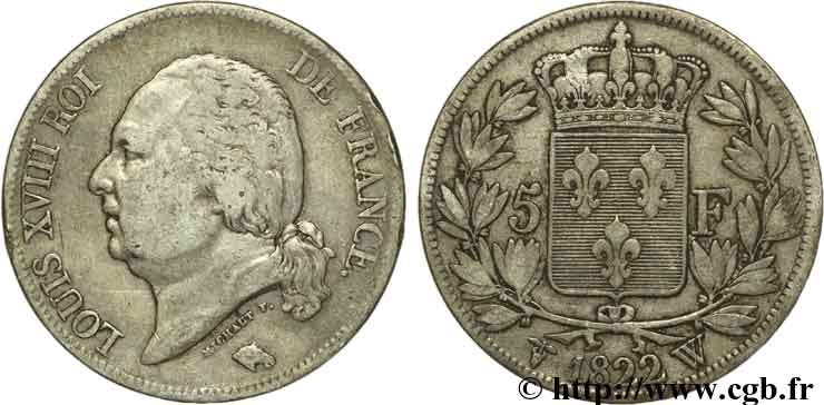 5 francs Louis XVIII, tête nue 1822 Lille F.309/75 TB30 
