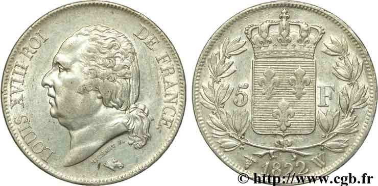 5 francs Louis XVIII, tête nue 1822 Lille F.309/75 TTB48 