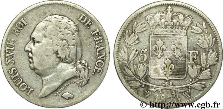 5 francs Louis XVIII, tête nue 1823 Lille F.309/87 TB30 