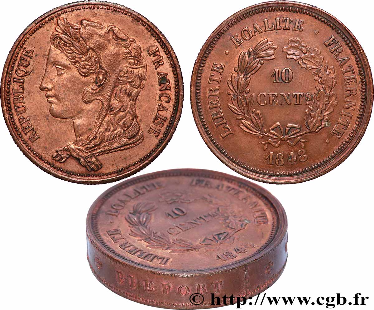 Concours de 10 centimes, piéfort au quadruple (ou double piéfort) de Gayrard, deuxième concours 1848 Paris VG.3142 var. MS 