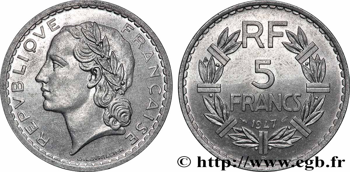 5 francs Lavrillier, aluminium 1947 Beaumont-Le-Roger F.339/11 SPL64 