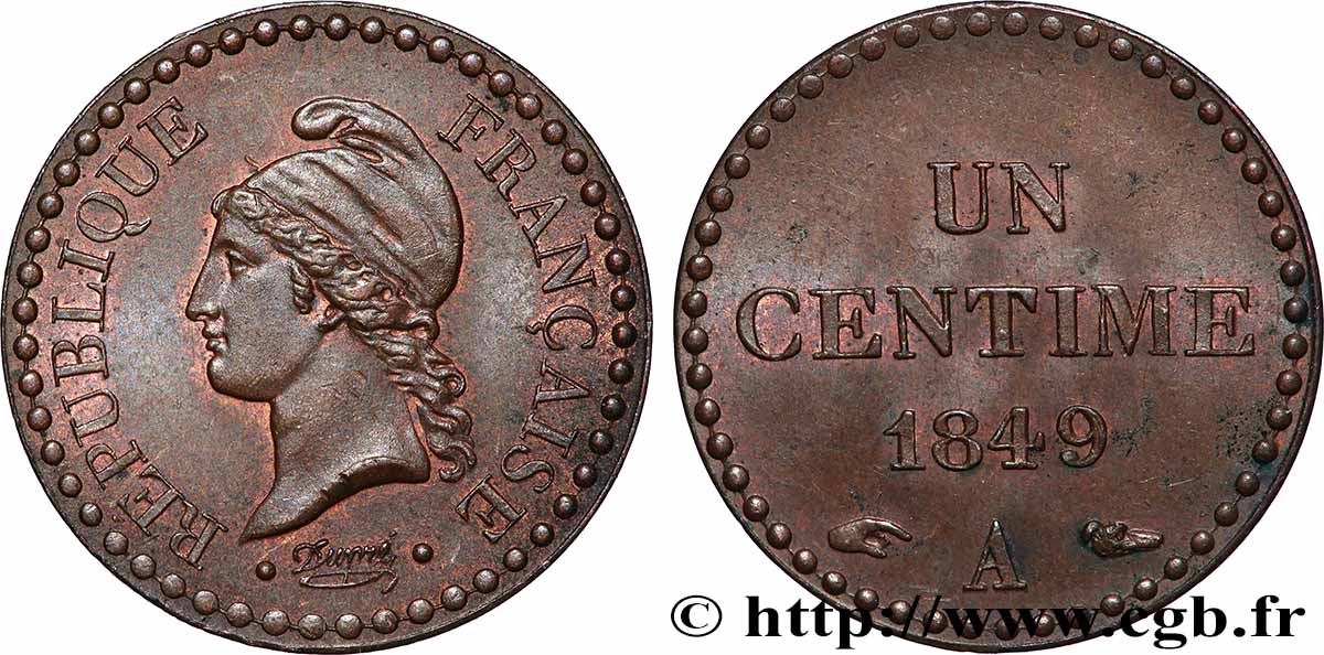 Un centime Dupré, IIe République 1849 Paris F.101/2 SUP60 