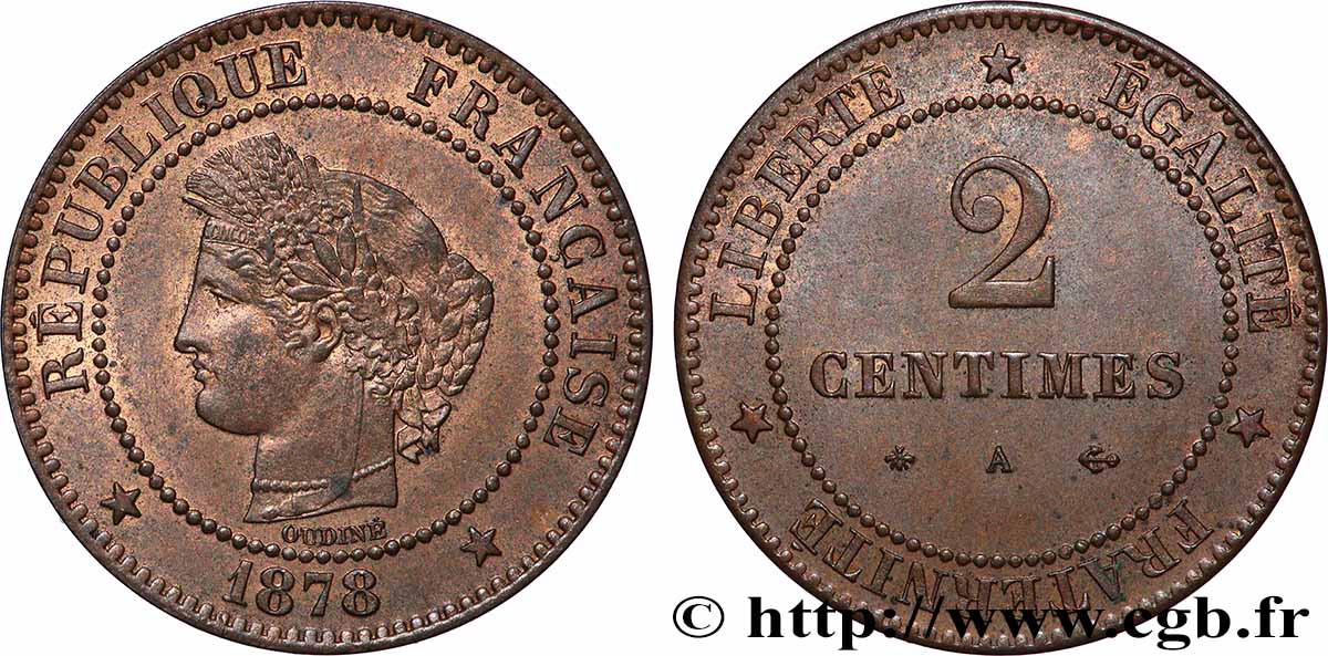 2 centimes Cérès 1878 Paris F.109/3 SUP62 