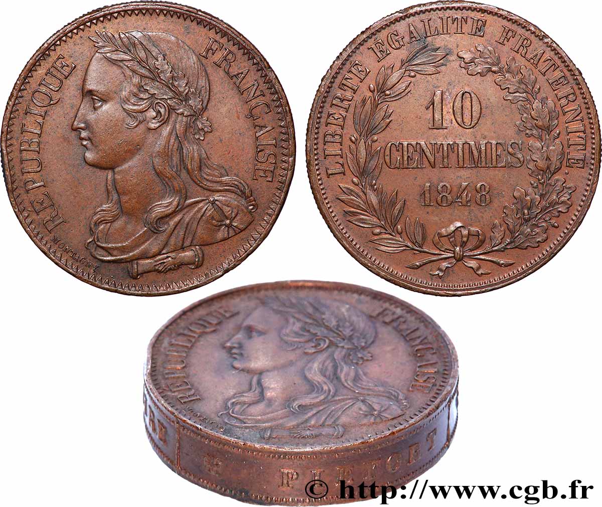 Concours de 10 centimes, piéfort au quadruple (ou double piéfort) de Montagny, premier revers, tranche inscrite 1848 Paris VG.3166 var. SPL+ 