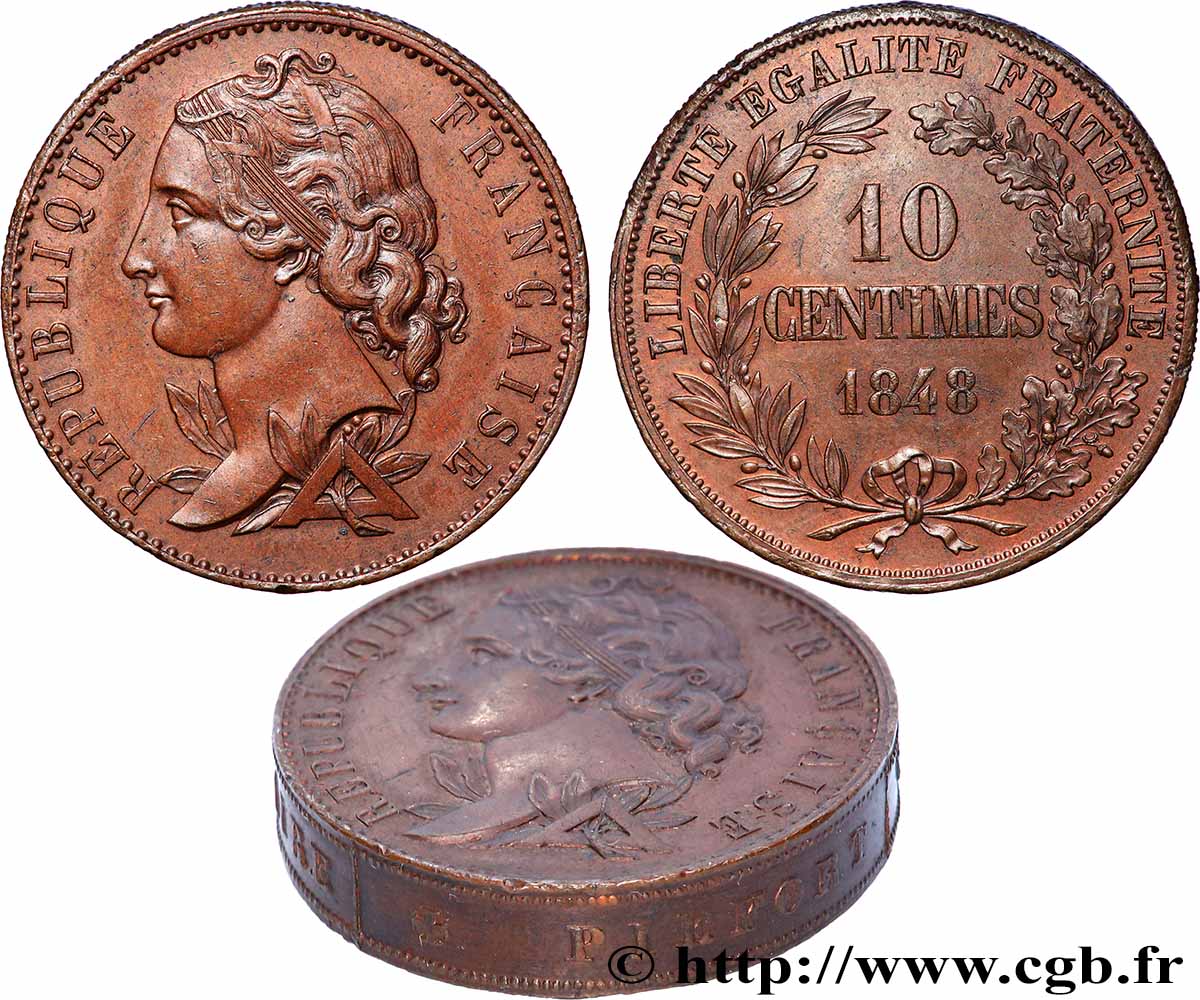 Concours de 10 centimes, piéfort au quadruple (ou double piéfort), essai en cuivre par Magniadas, premier revers 1848 Paris VG.3165 P SPL+ 