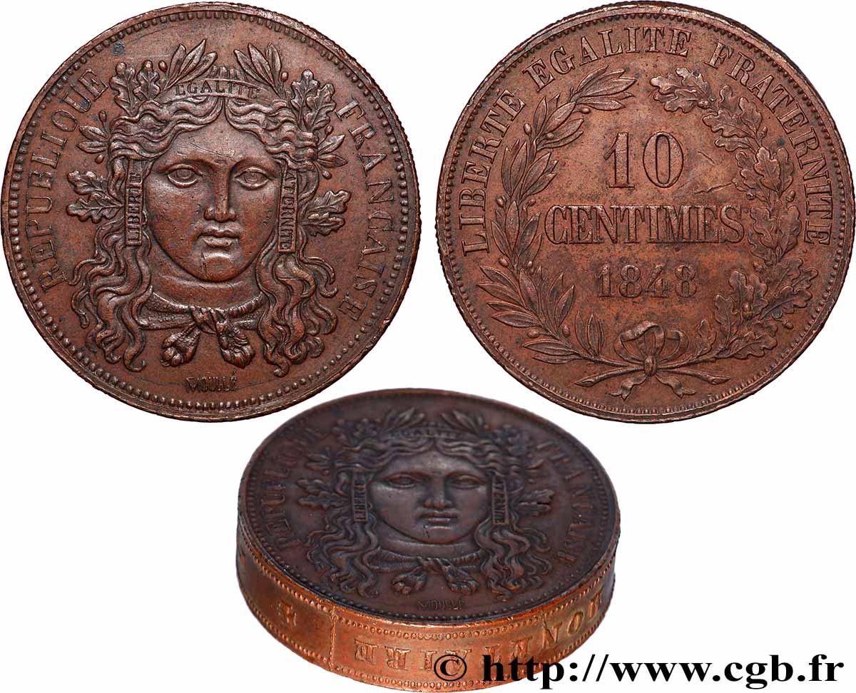 Concours de 10 centimes, piéfort au quadruple (ou double piéfort) de Moullé, premier revers, tranche inscrite, frappe médaille 1848  VG.3167  SUP+ 