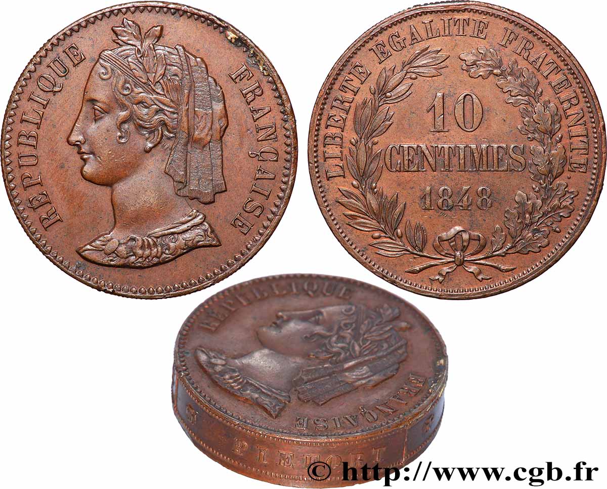 Concours de 10 centimes en Cuivre, piéfort au quadruple (ou double piéfort) de Rogat, troisième concours 1848 Paris VG.3188 var. MS 