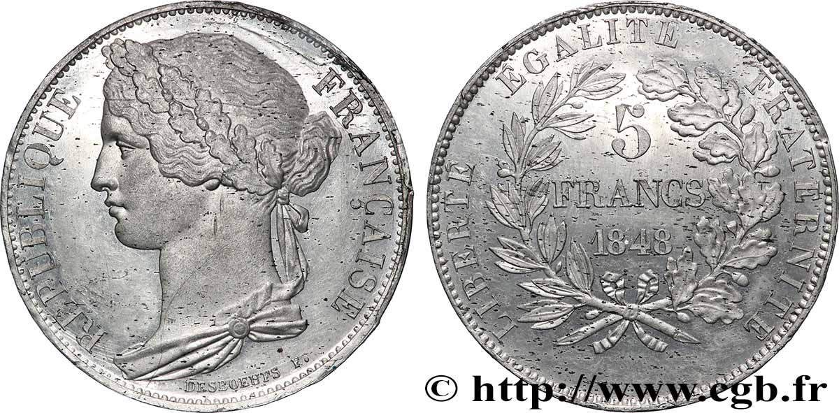 Concours de 5 francs, essai en étain par Desboeufs 1848 Paris VG.3068 var. SUP+ 