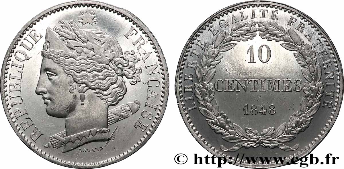 Concours de 10 centimes, essai en étain par Domard, second avers, deuxième revers 1848 Paris VG.3138 var. MS 