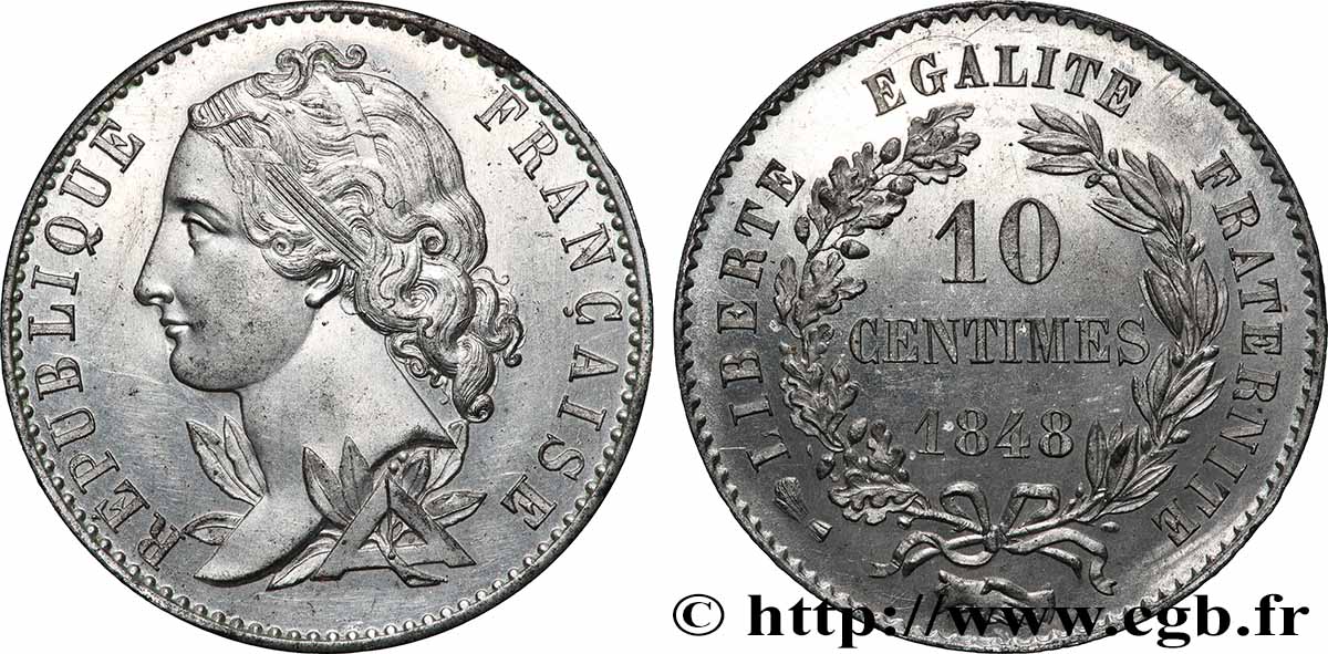 Concours de 10 centimes, essai en étain par Magniadas, premier revers 1848 Paris VG.3143 var. SUP+ 